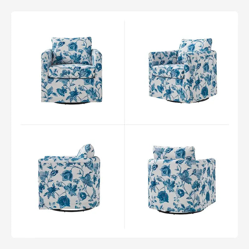 Modern Floral Slipcovered Swivel Accent Chair with Removable Cushions