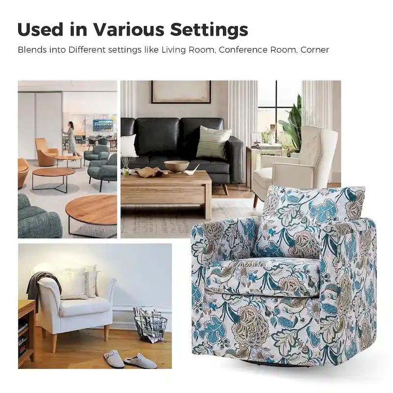 Modern Floral Slipcovered Swivel Accent Chair with Removable Cushions