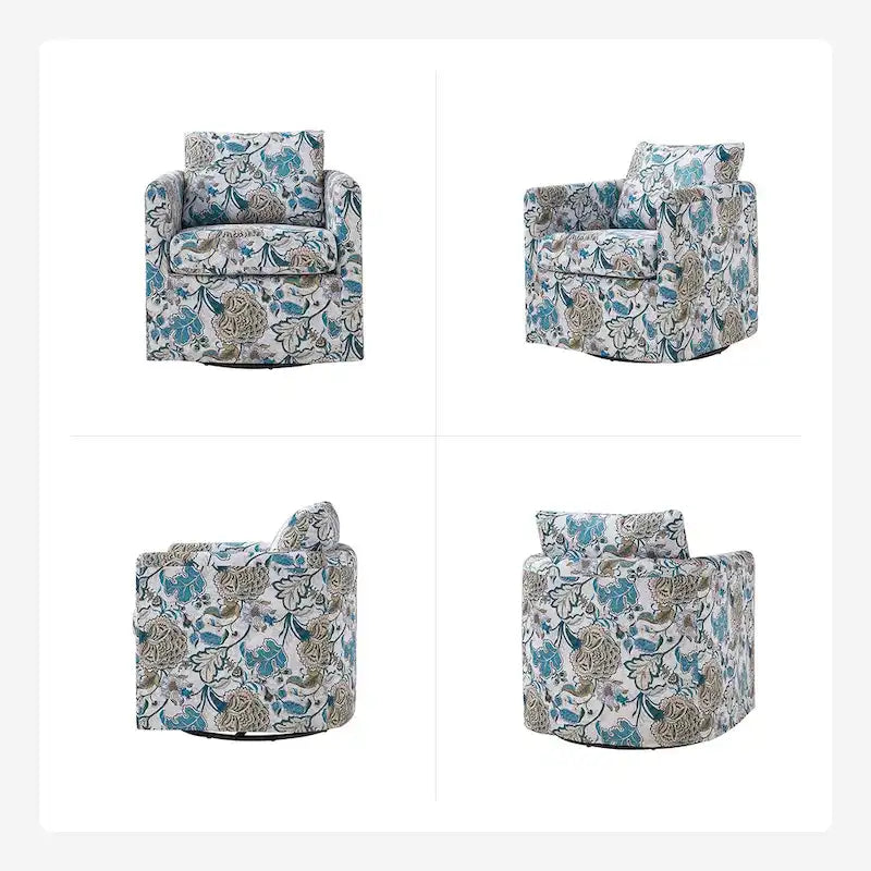 Modern Floral Slipcovered Swivel Accent Chair with Removable Cushions