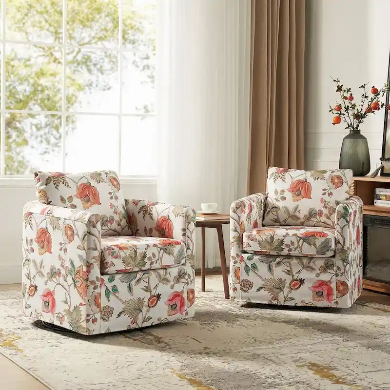 Modern Floral Slipcovered Swivel Accent Chair with Removable Cushions