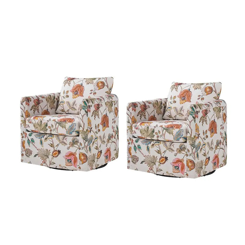 Modern Floral Slipcovered Swivel Accent Chair with Removable Cushions