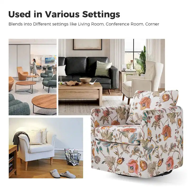 Modern Floral Slipcovered Swivel Accent Chair with Removable Cushions