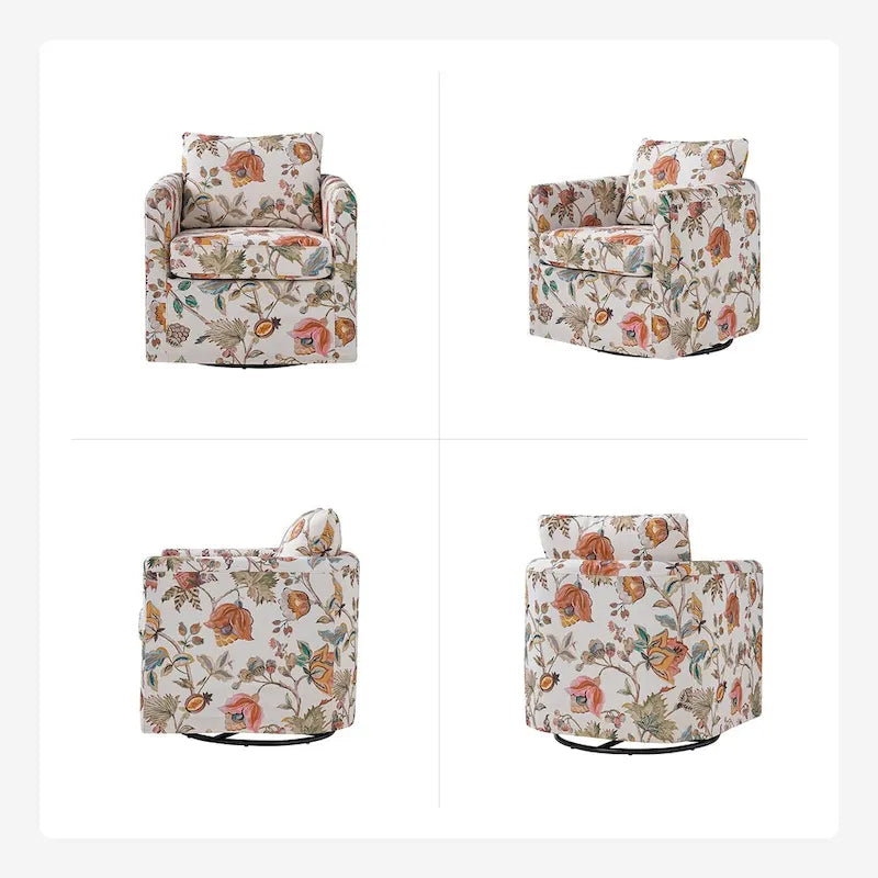 Modern Floral Slipcovered Swivel Accent Chair with Removable Cushions