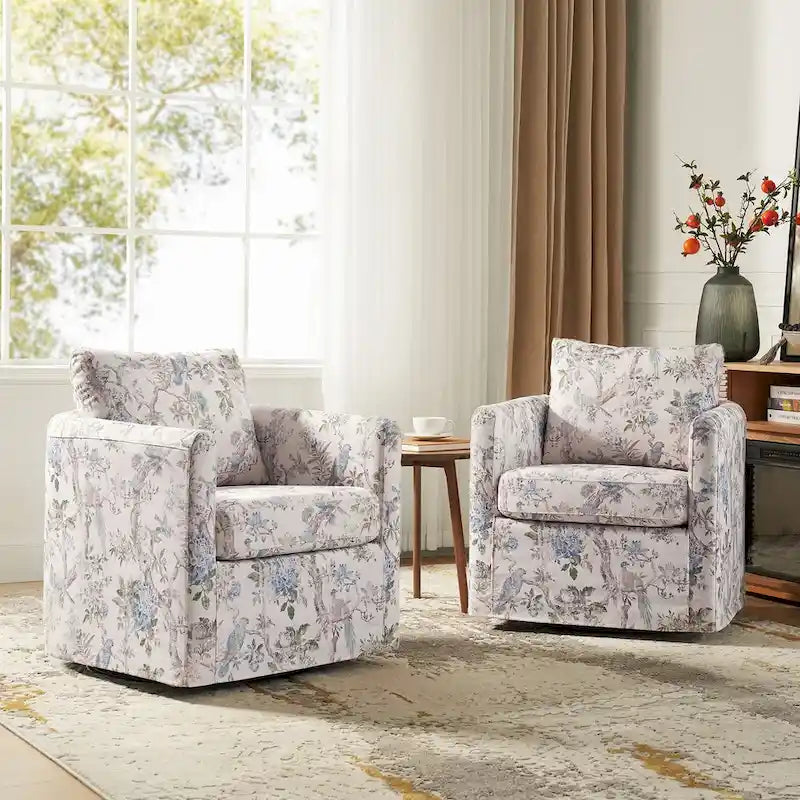 Modern Floral Slipcovered Swivel Accent Chair with Removable Cushions