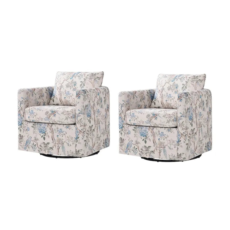 Modern Floral Slipcovered Swivel Accent Chair with Removable Cushions