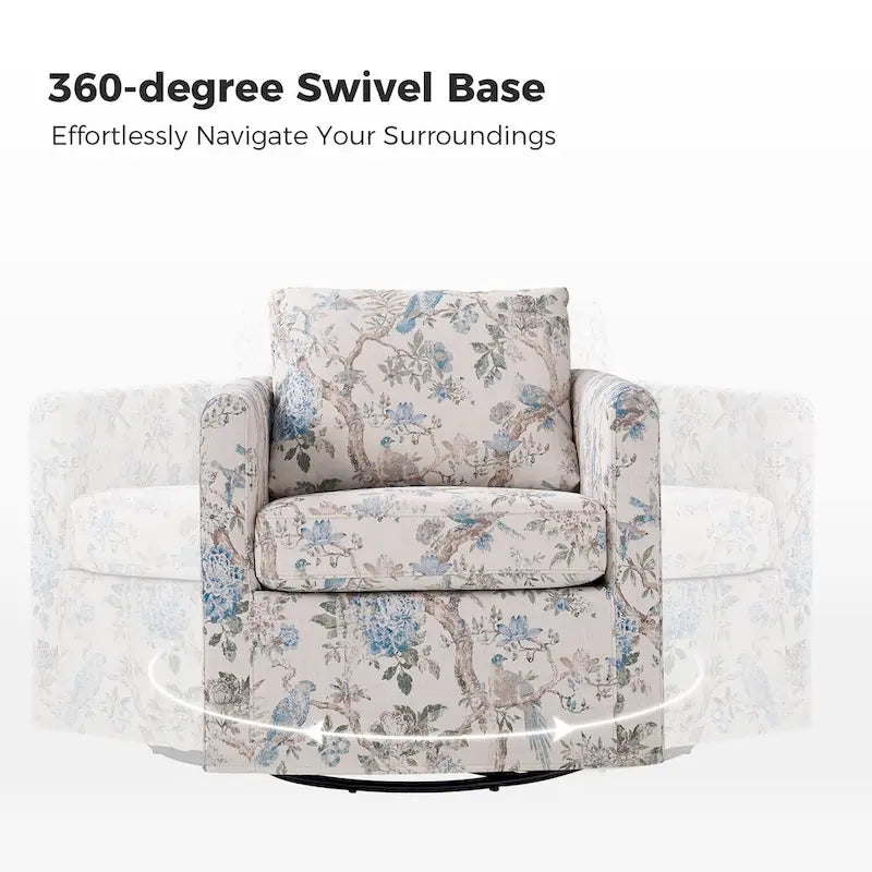 Modern Floral Slipcovered Swivel Accent Chair with Removable Cushions