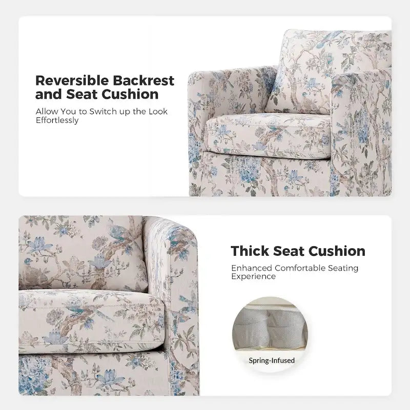 Modern Floral Slipcovered Swivel Accent Chair with Removable Cushions