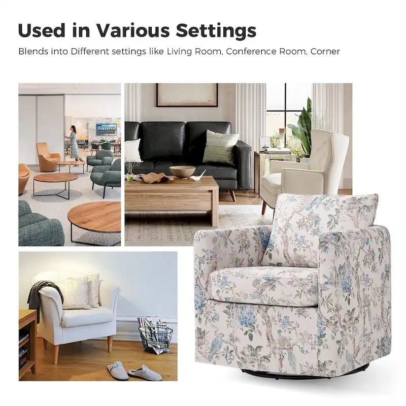 Modern Floral Slipcovered Swivel Accent Chair with Removable Cushions