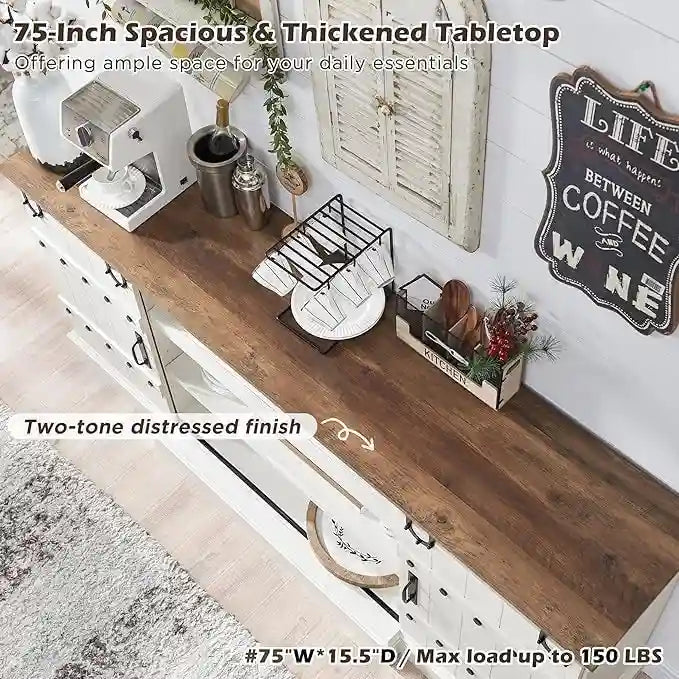 Sliding Barn Door TV Stand Antique White Rustic Wood Media Console Entertainment Cabinet
