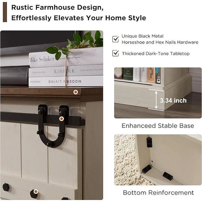 Sliding Barn Door TV Stand Antique White Rustic Wood Media Console Entertainment Cabinet