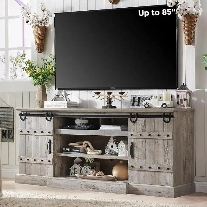Sliding Barn Door TV Stand Antique White Rustic Wood Media Console Entertainment Cabinet