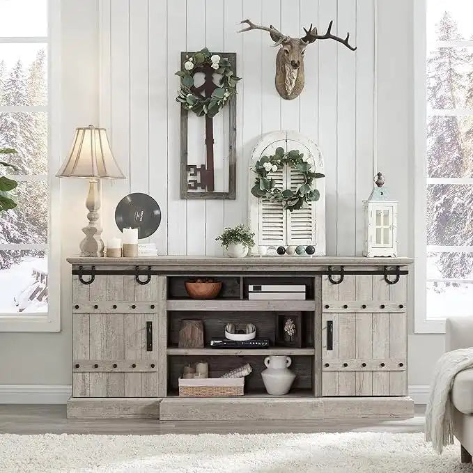 Sliding Barn Door TV Stand Antique White Rustic Wood Media Console Entertainment Cabinet