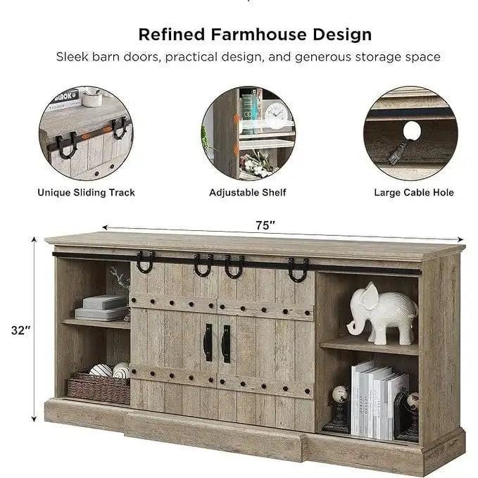 Sliding Barn Door TV Stand Antique White Rustic Wood Media Console Entertainment Cabinet