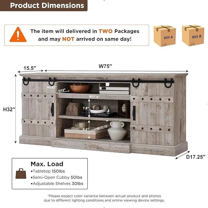 Sliding Barn Door TV Stand Antique White Rustic Wood Media Console Entertainment Cabinet