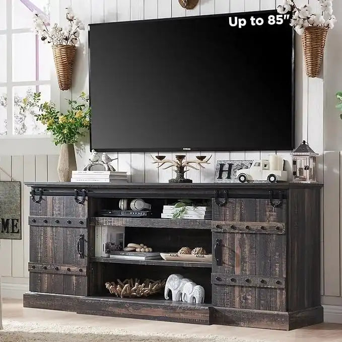 Sliding Barn Door TV Stand Antique White Rustic Wood Media Console Entertainment Cabinet