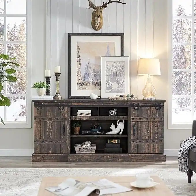 Sliding Barn Door TV Stand Antique White Rustic Wood Media Console Entertainment Cabinet