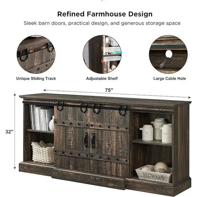 Sliding Barn Door TV Stand Antique White Rustic Wood Media Console Entertainment Cabinet