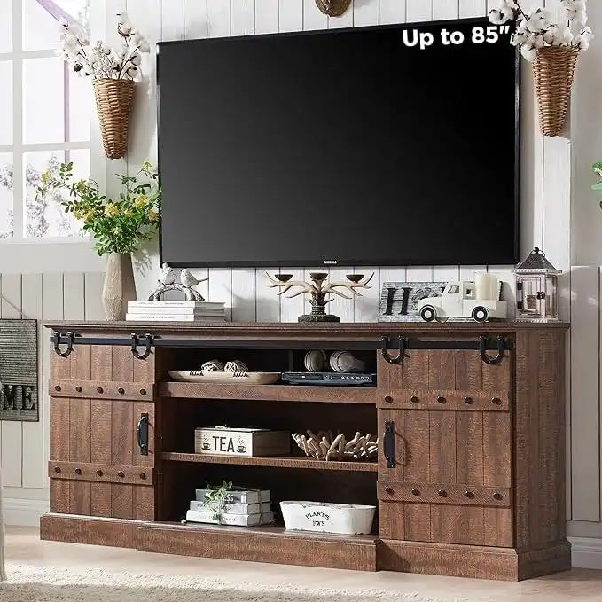 Sliding Barn Door TV Stand Antique White Rustic Wood Media Console Entertainment Cabinet