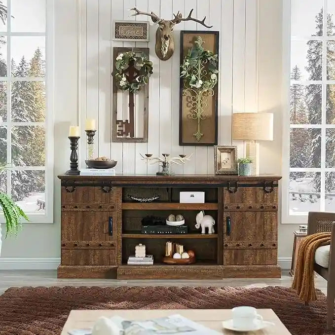 Sliding Barn Door TV Stand Antique White Rustic Wood Media Console Entertainment Cabinet