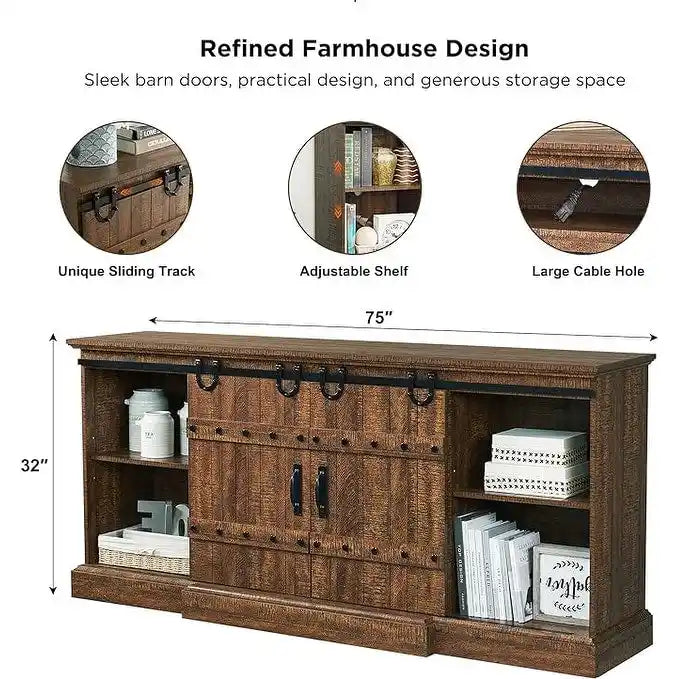 Sliding Barn Door TV Stand Antique White Rustic Wood Media Console Entertainment Cabinet