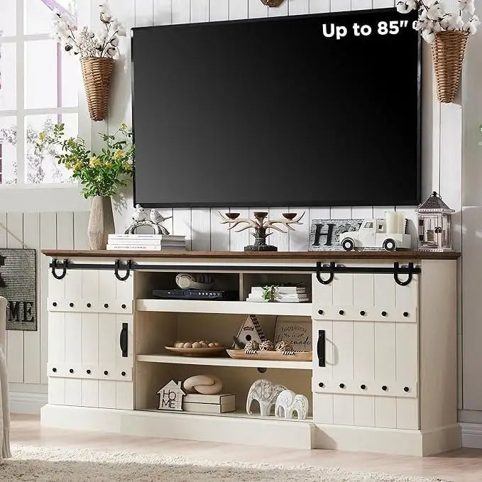 Sliding Barn Door TV Stand Antique White Rustic Wood Media Console Entertainment Cabinet