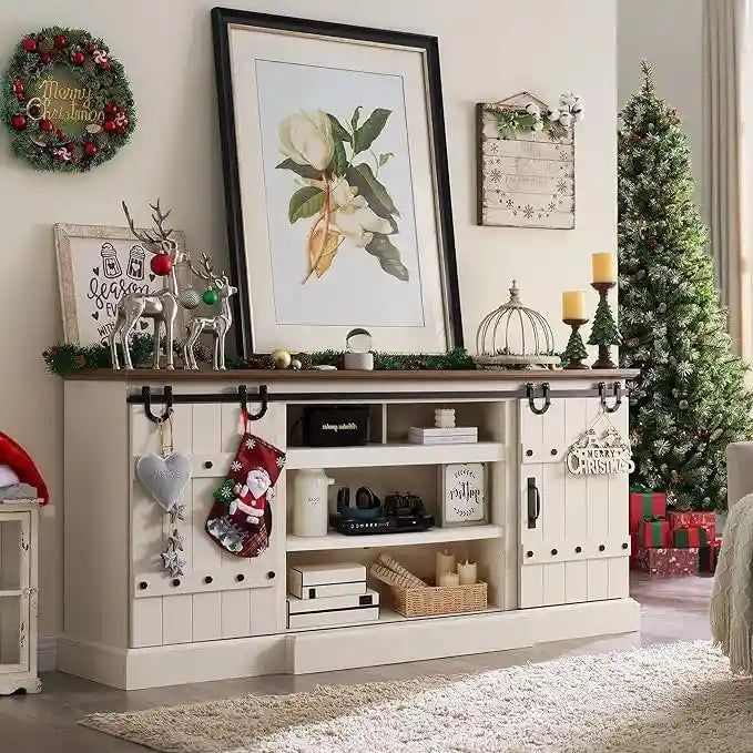 Sliding Barn Door TV Stand Antique White Rustic Wood Media Console Entertainment Cabinet