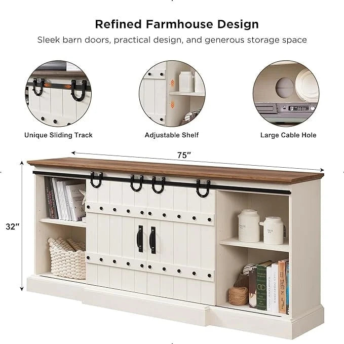 Sliding Barn Door TV Stand Antique White Rustic Wood Media Console Entertainment Cabinet