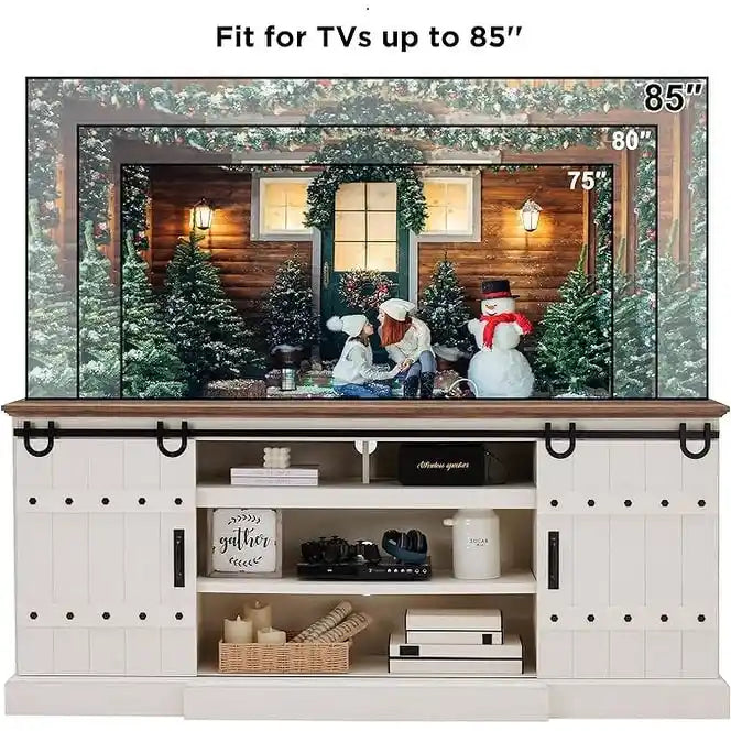Sliding Barn Door TV Stand Antique White Rustic Wood Media Console Entertainment Cabinet