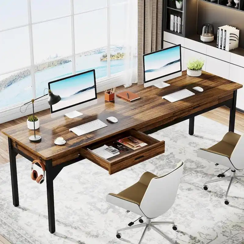 Extra Long Rustic Brown Computer Desk with Drawers and Storage