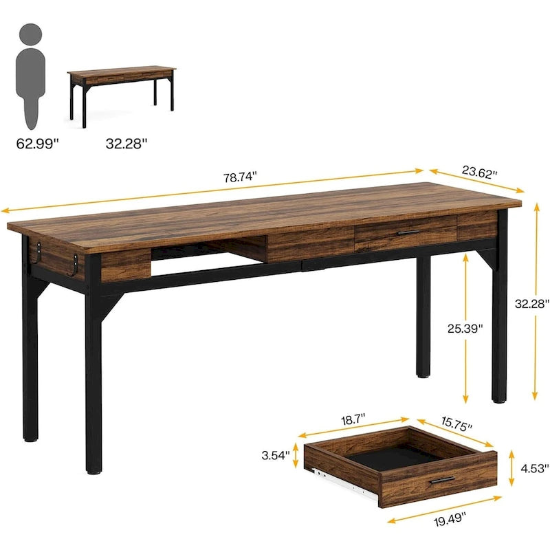 Extra Long Rustic Brown Computer Desk with Drawers and Storage