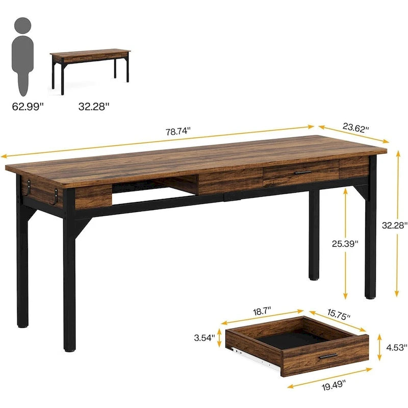 Extra Long Rustic Brown Computer Desk with Drawers and Storage