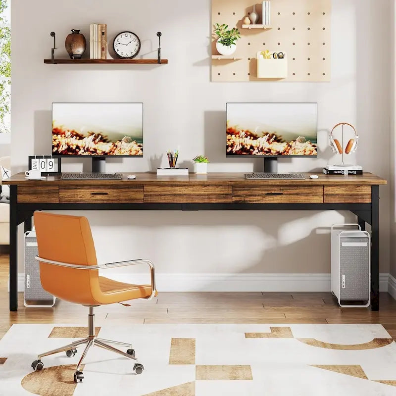 Extra Long Rustic Brown Computer Desk with Drawers and Storage