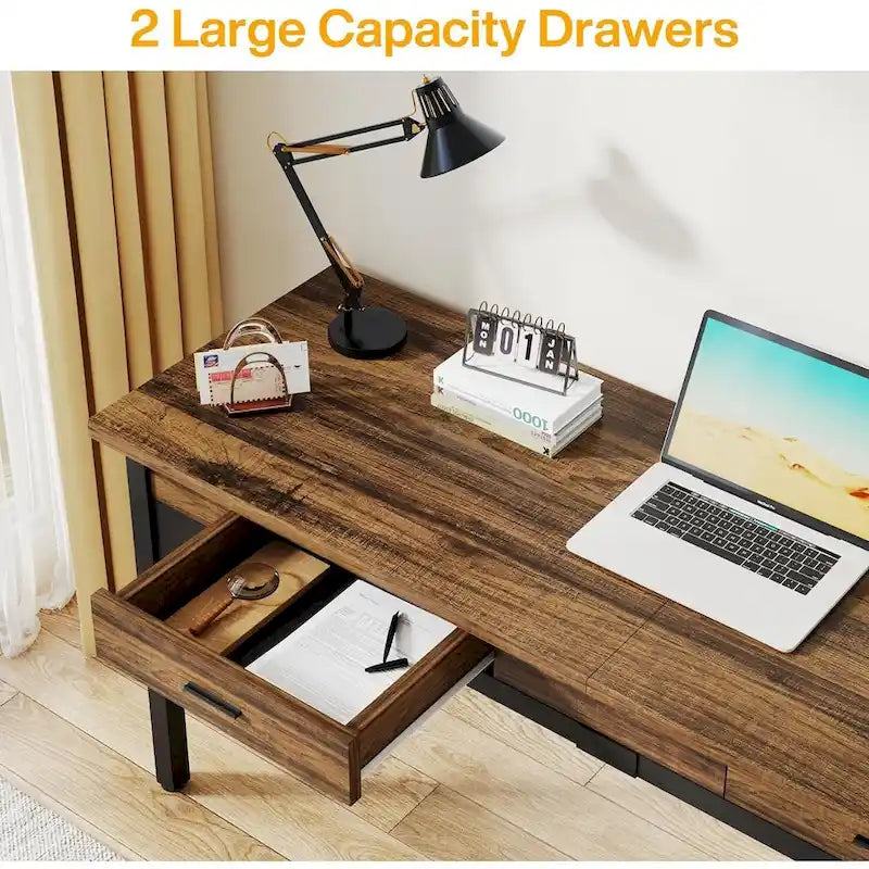 Extra Long Rustic Brown Computer Desk with Drawers and Storage