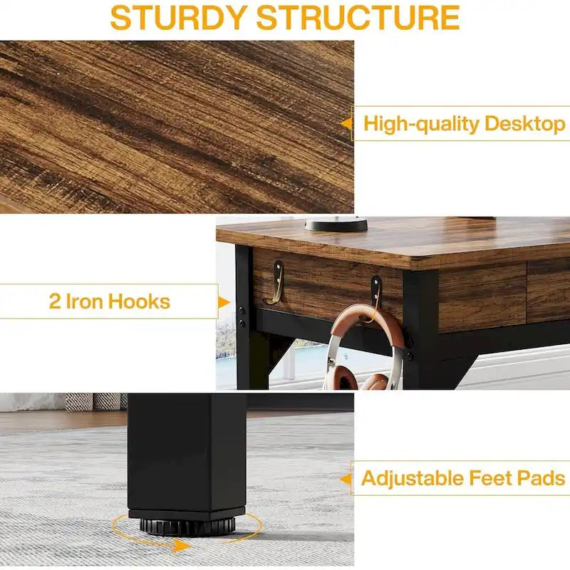 Extra Long Rustic Brown Computer Desk with Drawers and Storage