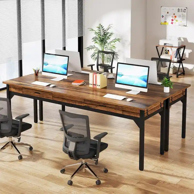 Extra Long Rustic Brown Computer Desk with Drawers and Storage