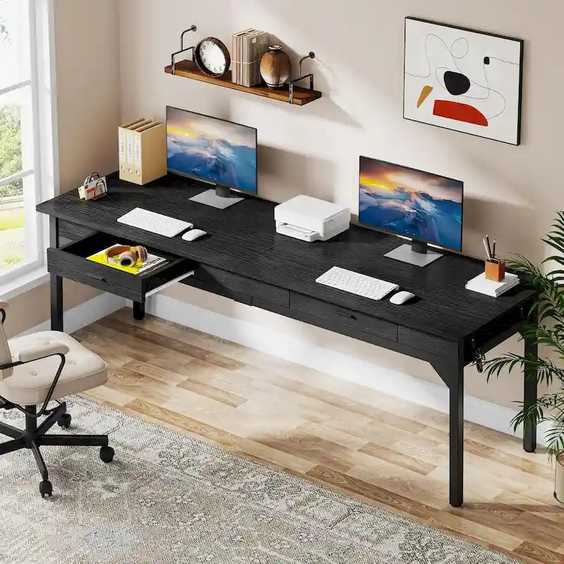 Extra Long Rustic Brown Computer Desk with Drawers and Storage
