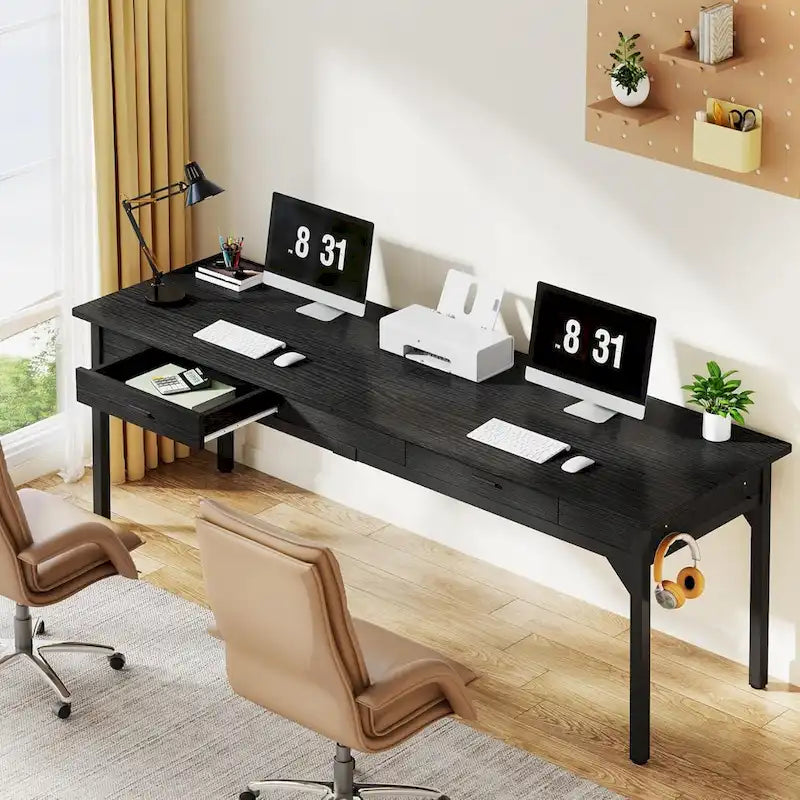 Extra Long Rustic Brown Computer Desk with Drawers and Storage