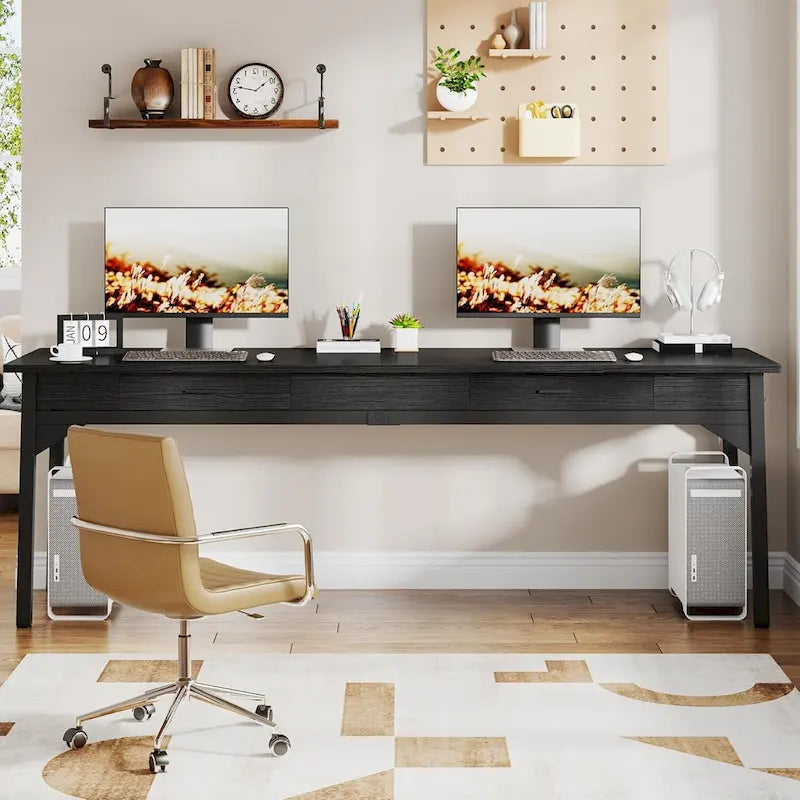 Extra Long Rustic Brown Computer Desk with Drawers and Storage