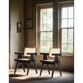 Solid Wood Cane Back Dining Arm Chair with Armrests Black Natural