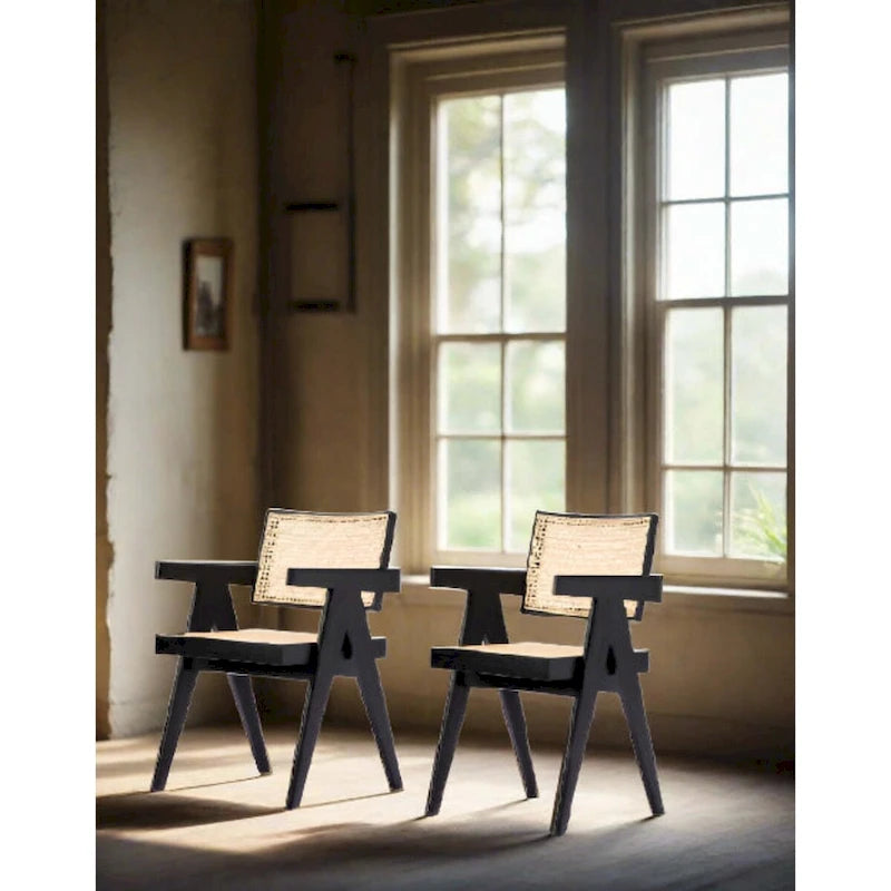 Solid Wood Cane Back Dining Arm Chair with Armrests Black Natural