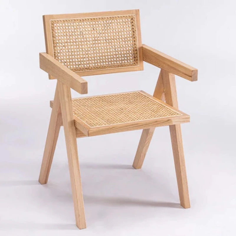 Solid Wood Cane Back Dining Arm Chair with Armrests Black Natural