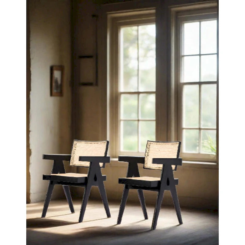 Solid Wood Cane Back Dining Arm Chair with Armrests Black Natural