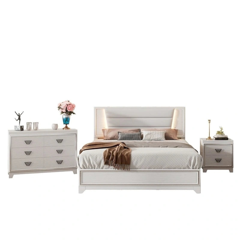 Queen Size Upholstered Platform Bed with LED Lights Headboard Black
