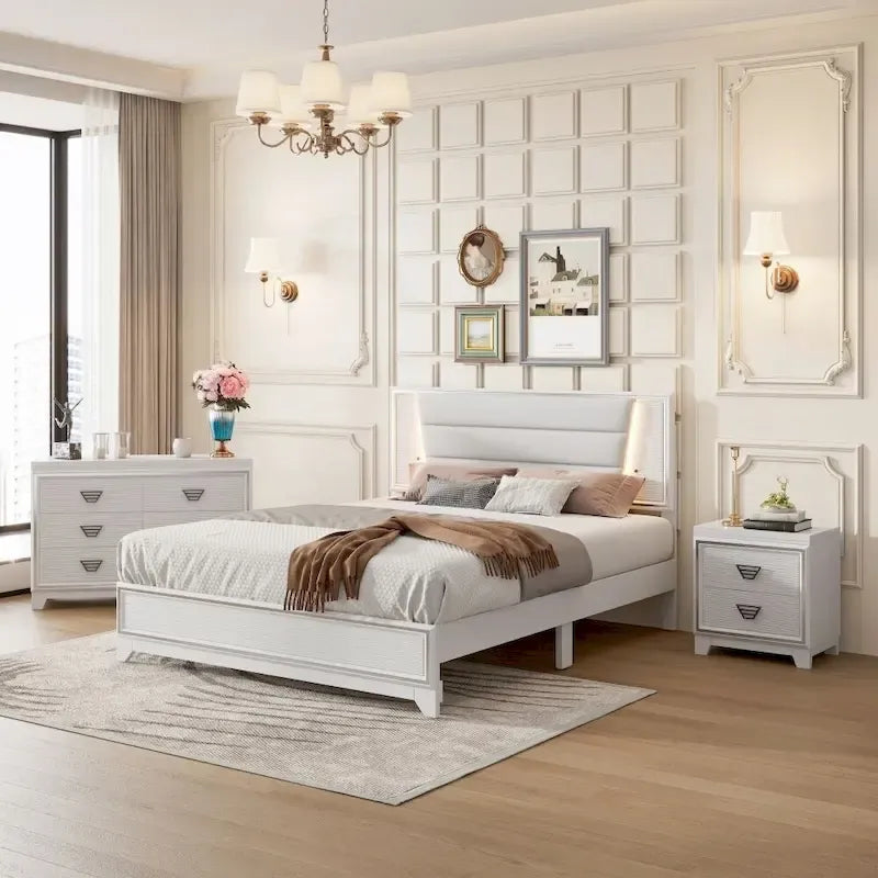Queen Size Upholstered Platform Bed with LED Lights Headboard Black