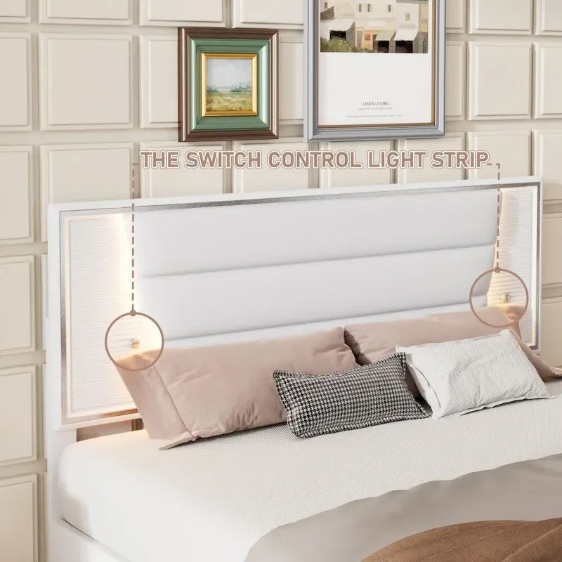 Queen Size Upholstered Platform Bed with LED Lights Headboard Black
