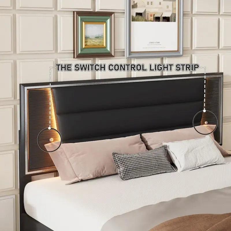 Queen Size Upholstered Platform Bed with LED Lights Headboard Black