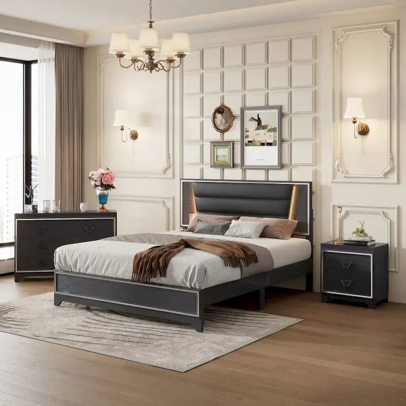 Queen Size Upholstered Platform Bed with LED Lights Headboard Black