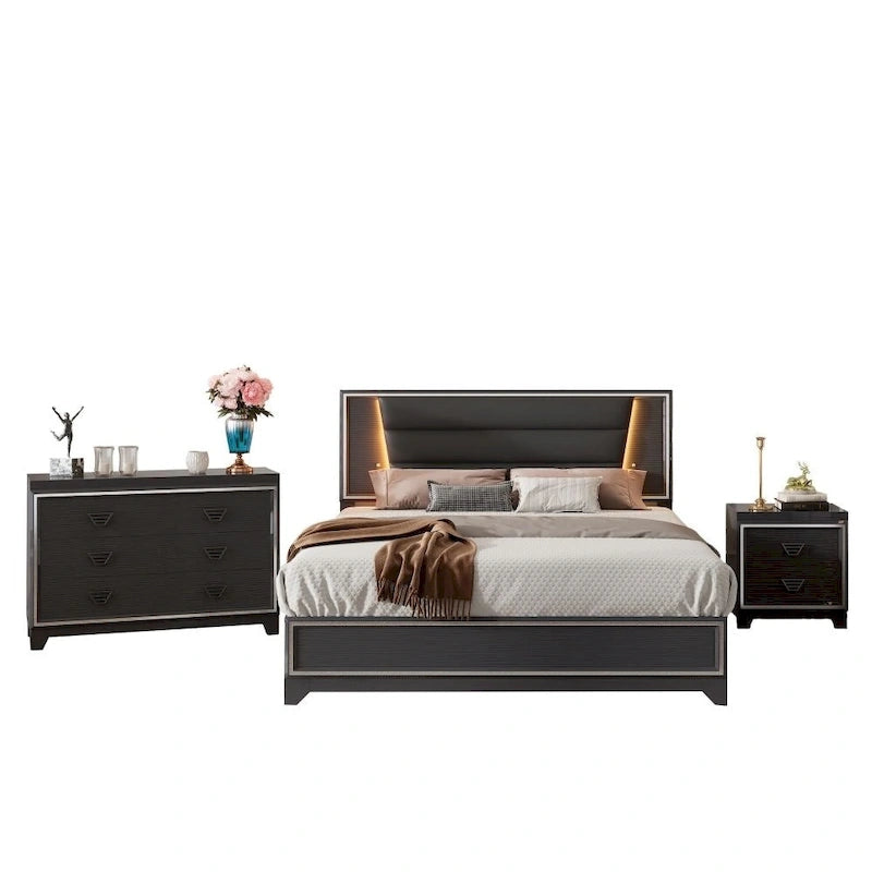 Queen Size Upholstered Platform Bed with LED Lights Headboard Black