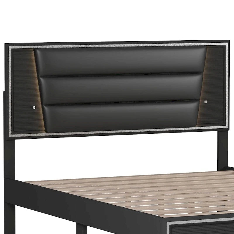 Queen Size Upholstered Platform Bed with LED Lights Headboard Black
