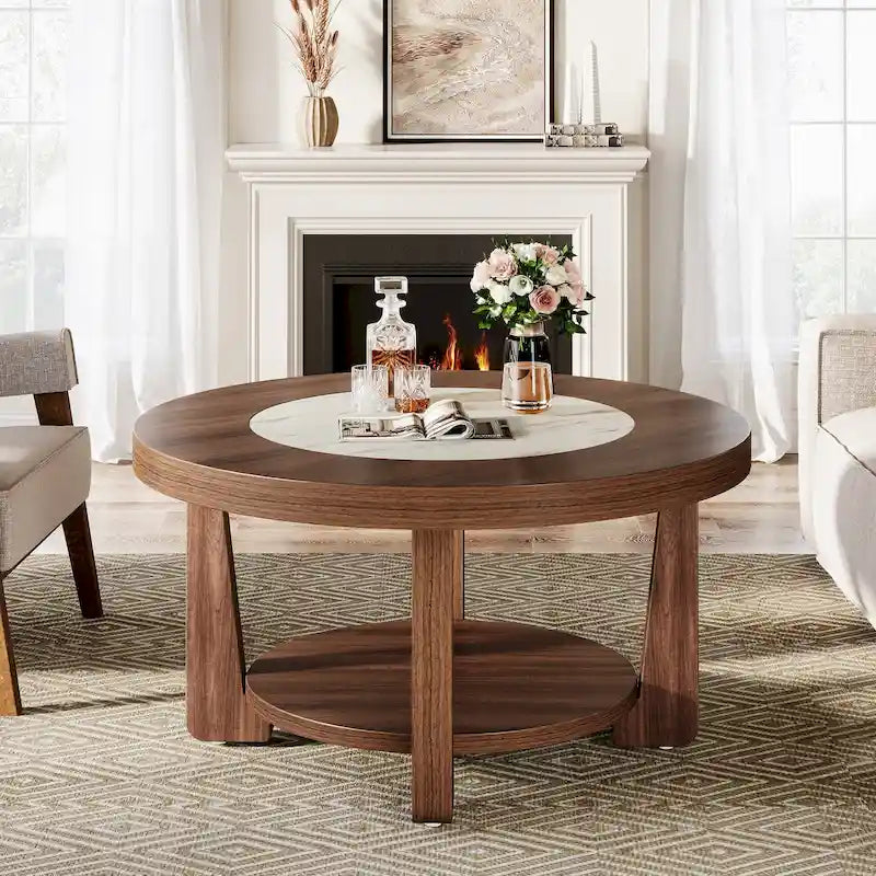 Round Two-Tier MDF Coffee Table with Walnut Brown White Two-Tone Top
